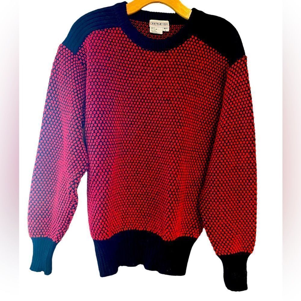 Obermeyer Sz L Red Black Chunky Knit Ski Winter Wool Retro Vintage Crew Sweater